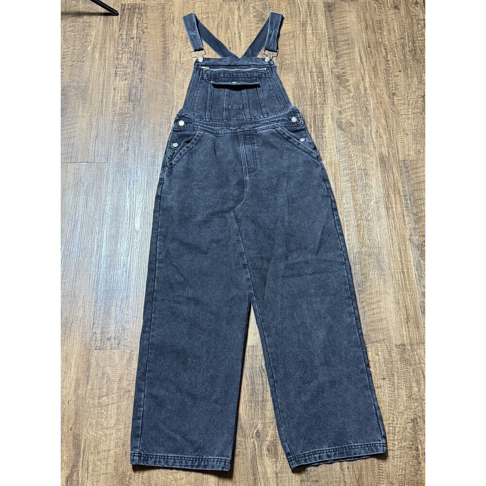 Forever 21 Womens Large Black Denim Wide Leg Overalls Lyocell Jumpsuit Pockets